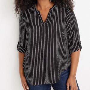 Maurices Striped Black & White V Neck Half Sleeve Flowy Plus Size Blouse In 1X